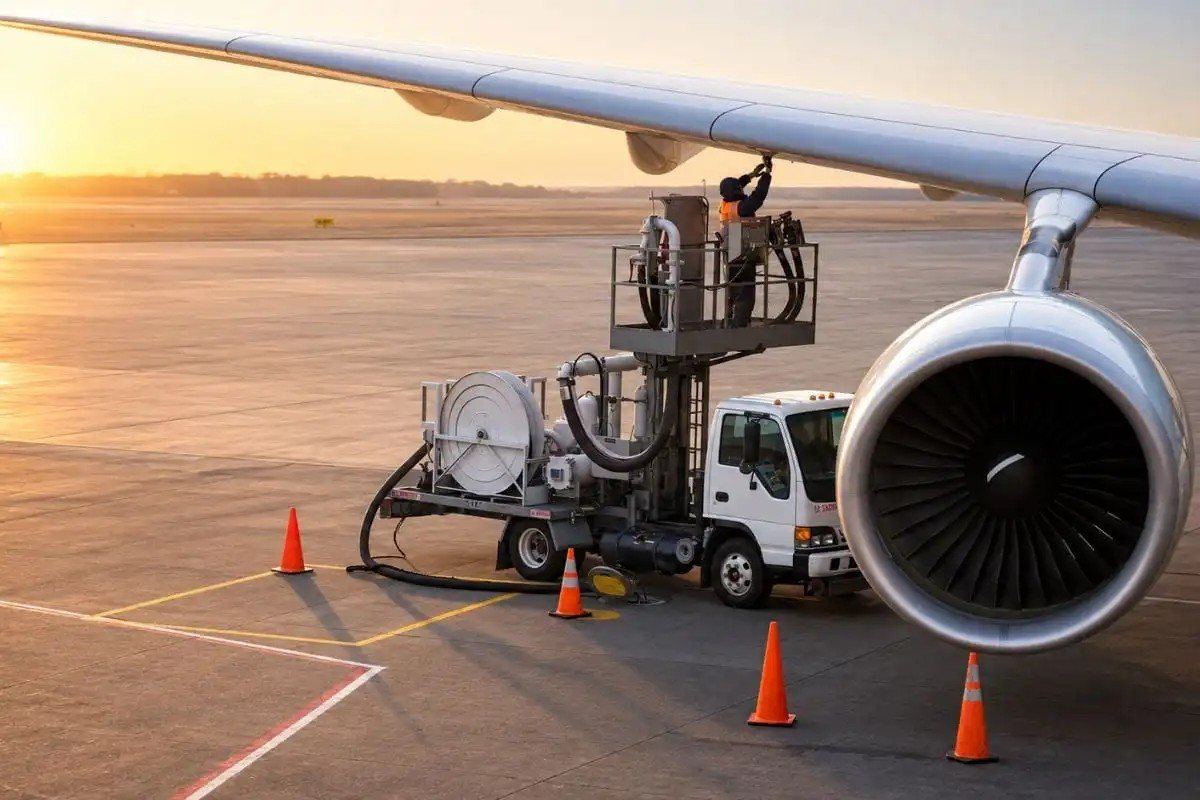 Hydrant dispenser fuelling an aircraft at sunset