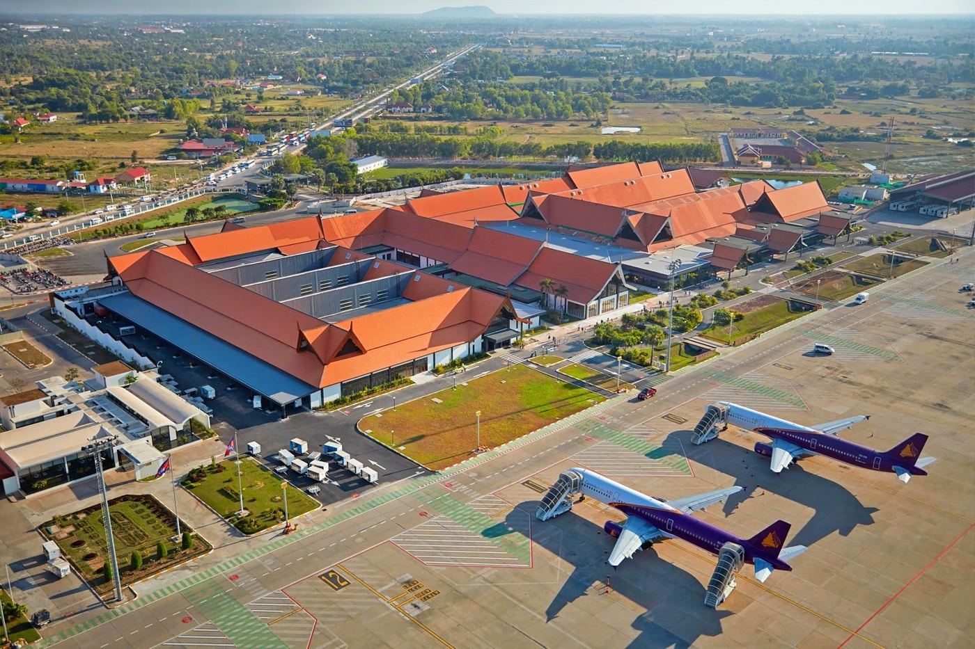 Aerial view of a new international airport terminal in Cambodia